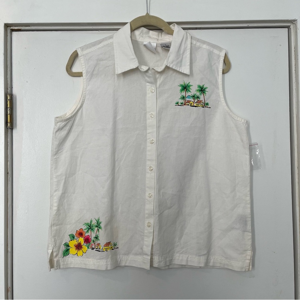 Vintage cotton collar white tank top button up tropical palm tree Hawaiian shirt